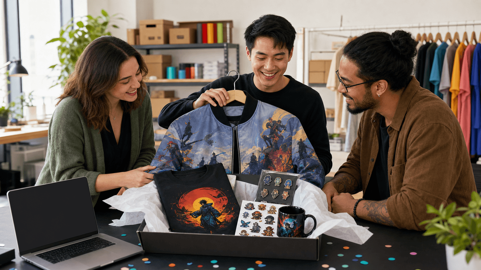 Colorful gift boxes with fandom-style icons and tags on a bright desk, softly lit with a festive background.