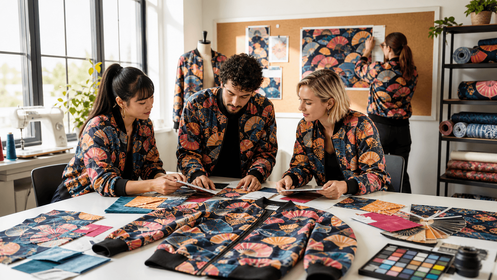 Colorful all-over printed hoodie and T-shirt with bold graphic patterns on a bright, clean background